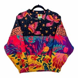 Farm Rio Mixed Prints Oversized Sweatshirt Size Small S Birds Star Floral Anthro